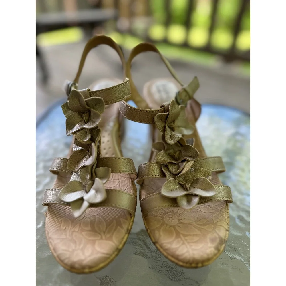 BOC Gold Flower Wedge‎ Sandals Ankle Strap Cork Heel Summer Shoes 8